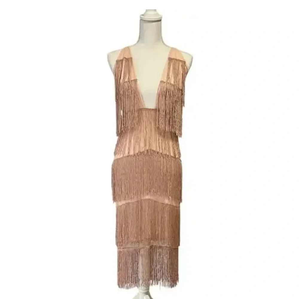 ASOS Fringe Midi Dress Blush Pink Gatsby Flapper 20s Inspired Party Cocktail 6 - Picture 2 of 7